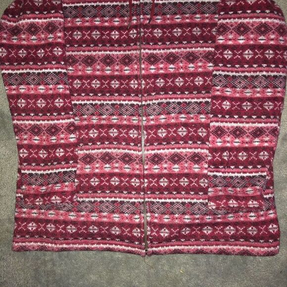 LL BEAN FULL ZIP SWEATER HOODIE PINK RED SHERPA HOOD FLEECE WOMENS LARGE AZTEC - Picture 2 of 5